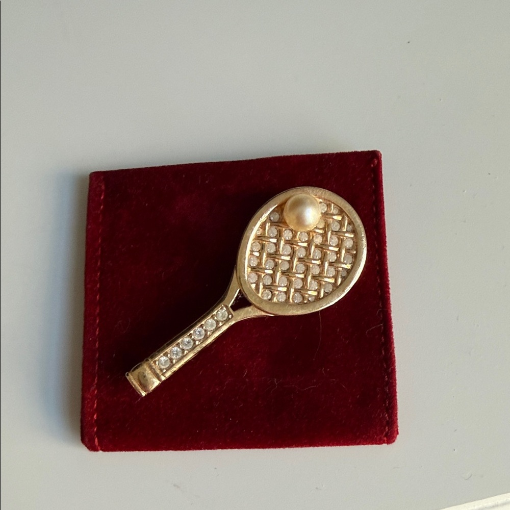 Swarovski Gold Tennis Racket Brooch with Pearl